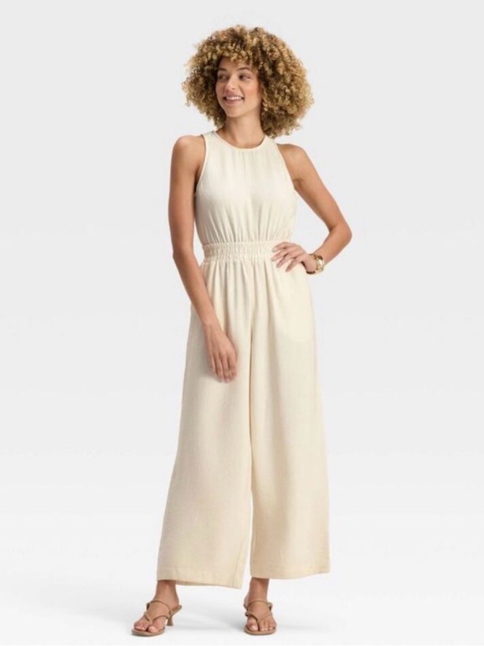 a new day Cream Sleeveless Elastic-Waist Wide-Leg Jumpsuit
